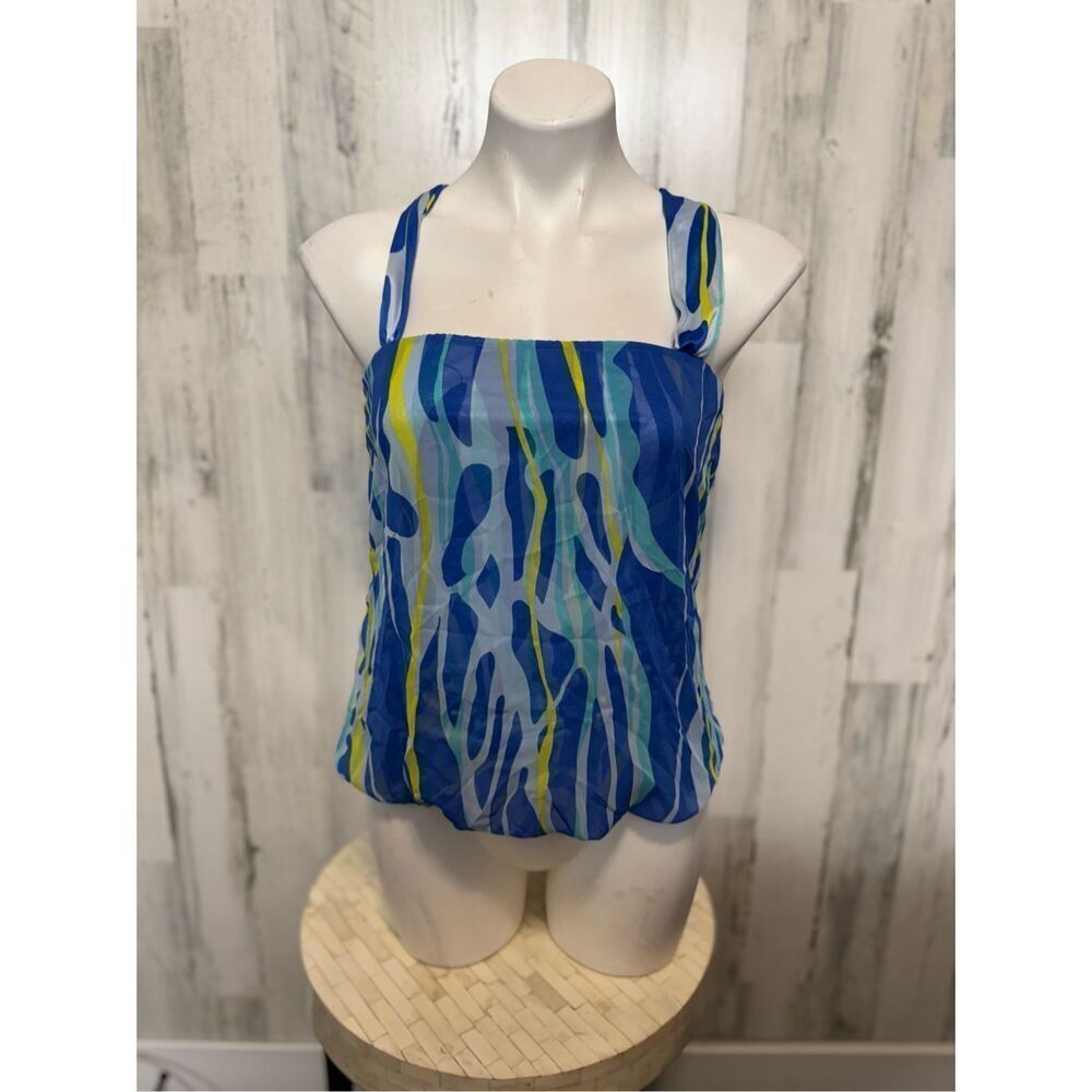 LUXE Boutique Blue Abstract Halter Tank Top Lightweight Summer Blouse size small